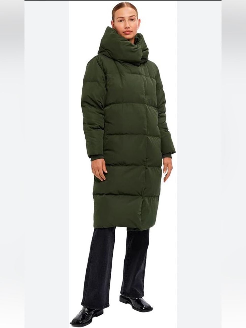 InWear Women's Long quilted Puffer  Down Coat in Olive Green Wrap collar Medium